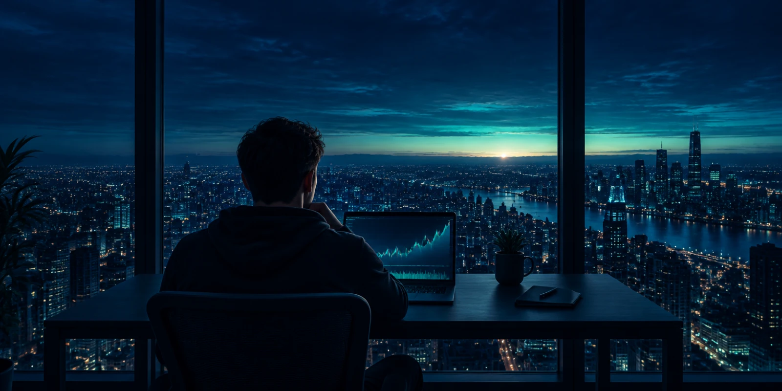 A trader at a desk watching a rising chart as dawn breaks over the city
